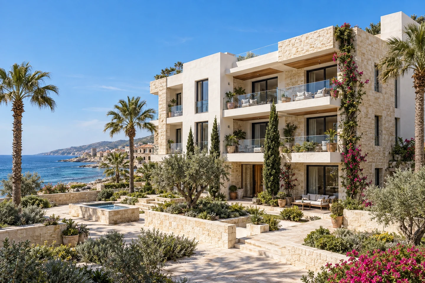 Concept of coastal limestone residences with a planted courtyard in Batroun